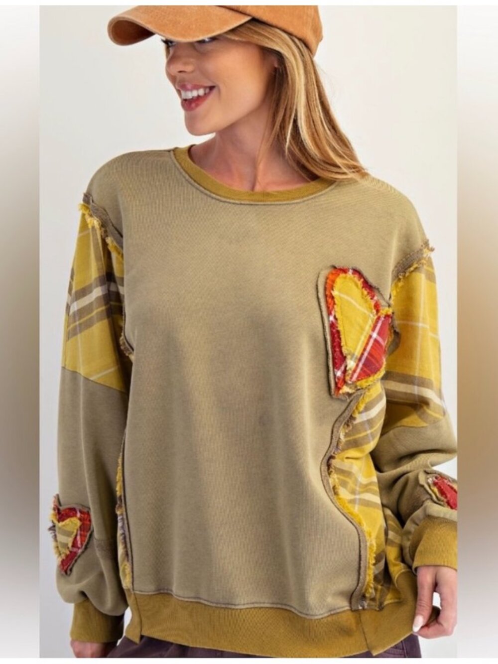easel Olive Green & Yellow Plaid Patch Pullover